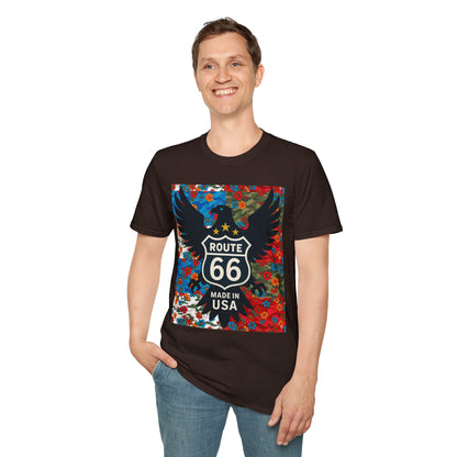 Route 66 Made in USA T-Shirt — Vintage Eagle Floral Roadtrip Tee- camo flower combo T-shirt