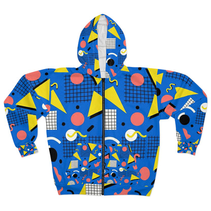 American Retro Memphis Pattern Zip Hoodie — 90s Geometric All-Over Print