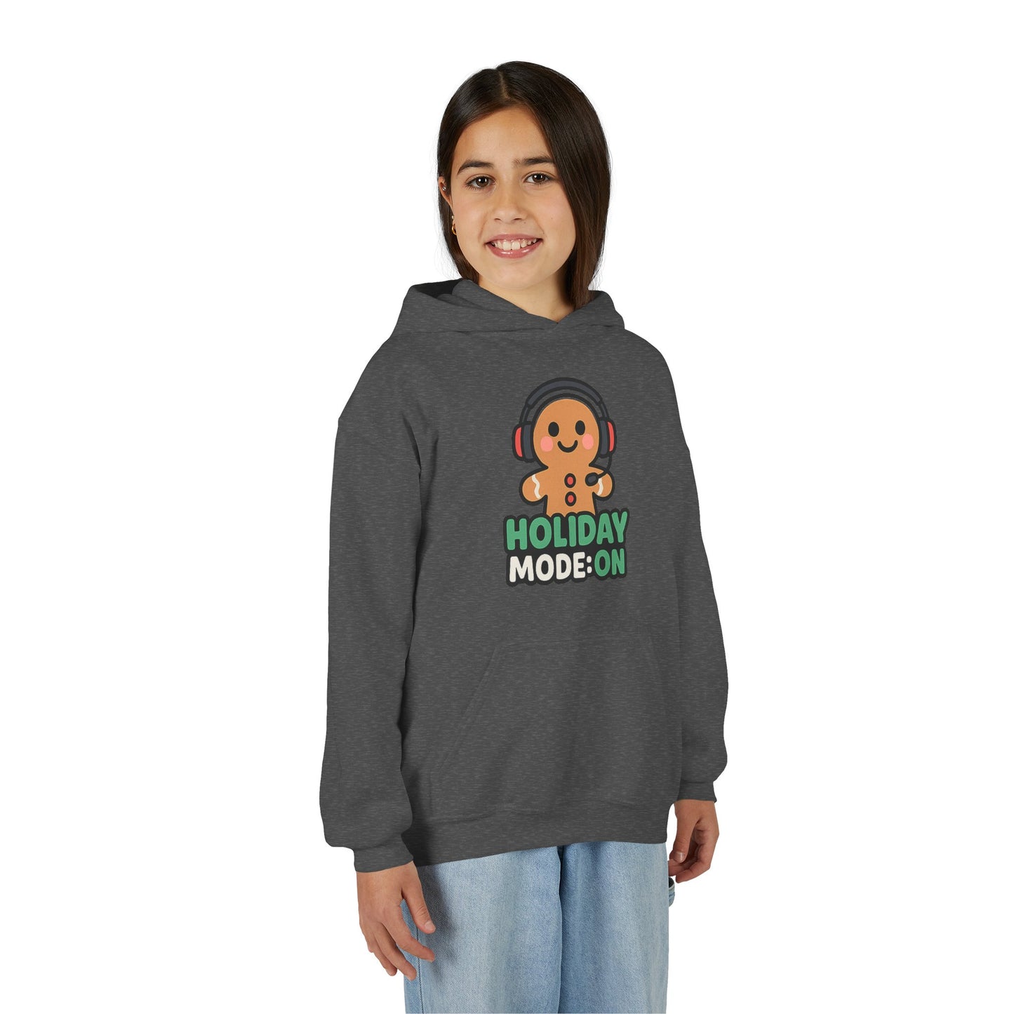 Youth Hoodie — 'Holiday Mode On' Gingerbread Headphone Christmas Sweatshirt