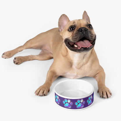 Paw Print Ceramic Pet Bowl — Iridescent Blue Purple Paw Pattern