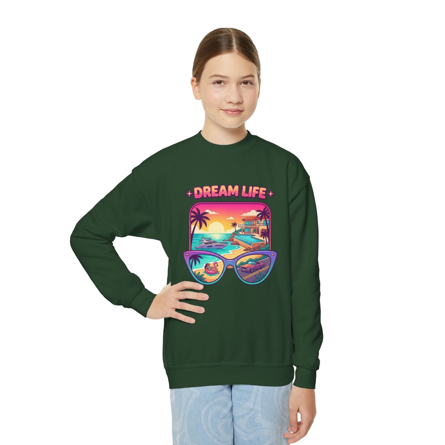 Girls Youth Crewneck Sweatshirt - "Dream Life" Tropical Sunset Graphic