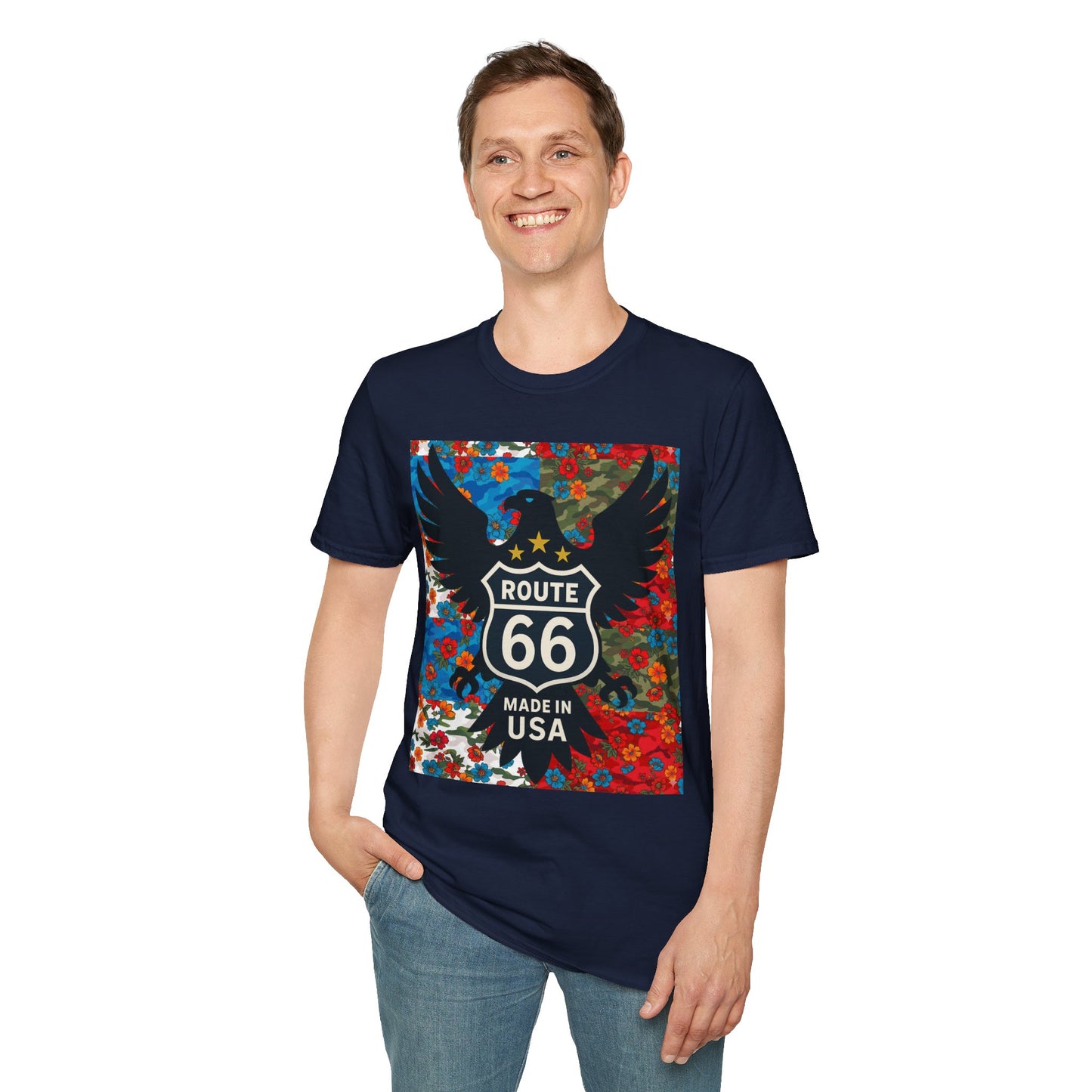 Route 66 Made in USA T-Shirt — Vintage Eagle Floral Roadtrip Tee- camo flower combo T-shirt