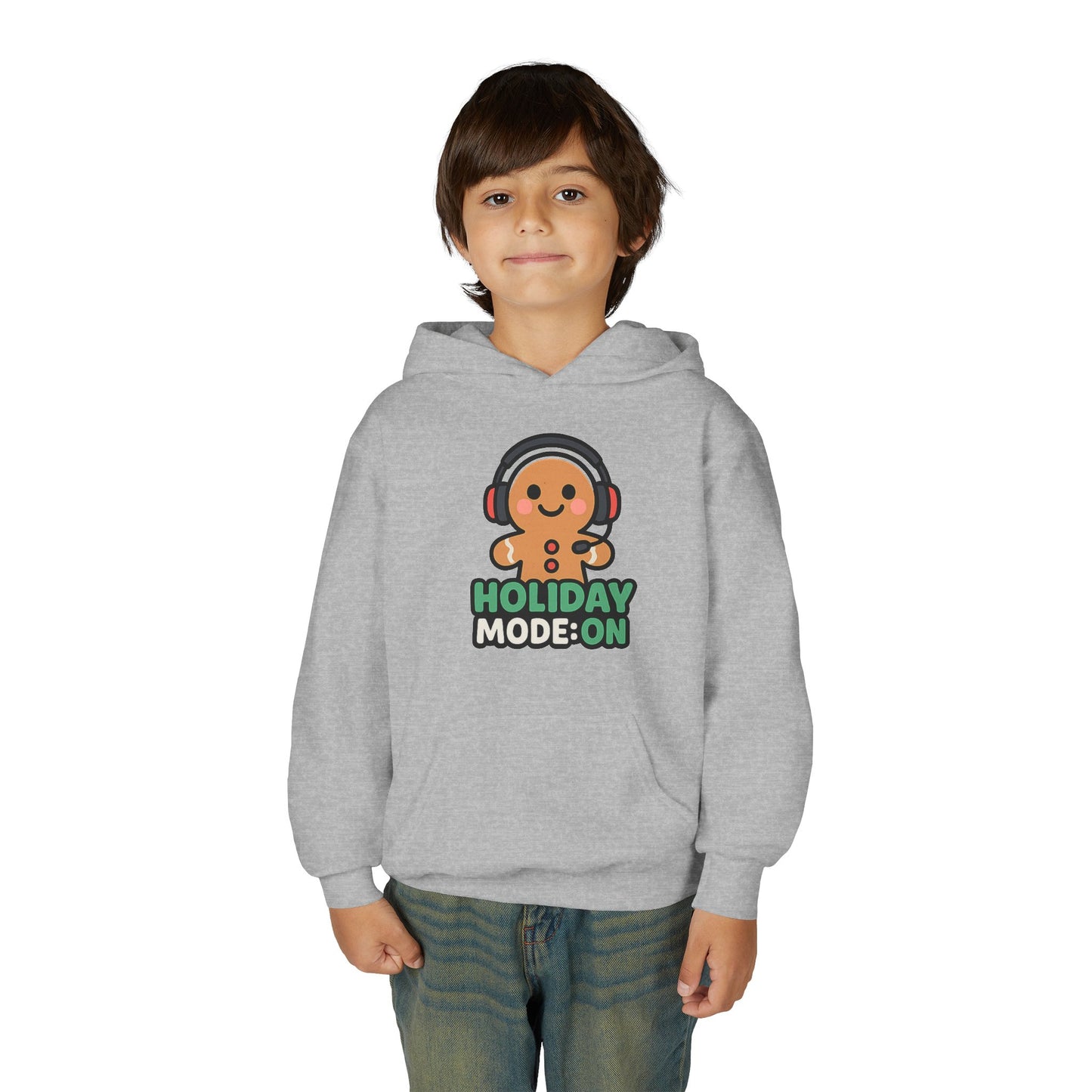 Youth Hoodie — 'Holiday Mode On' Gingerbread Headphone Christmas Sweatshirt