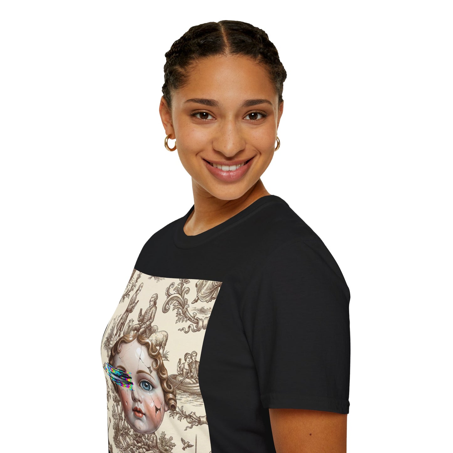 Vintage Doll Face Tee with Glitch Paint Splash