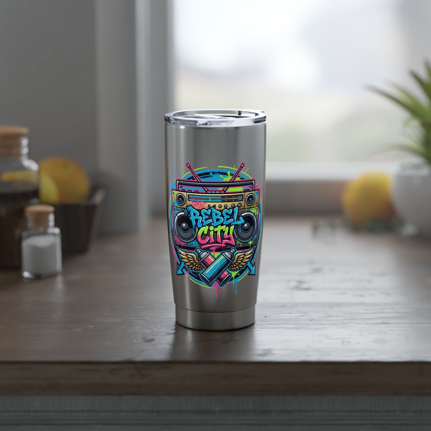 20oz Tumbler — Stainless Steel Travel Cup- 'Rebel City' neon spray paint