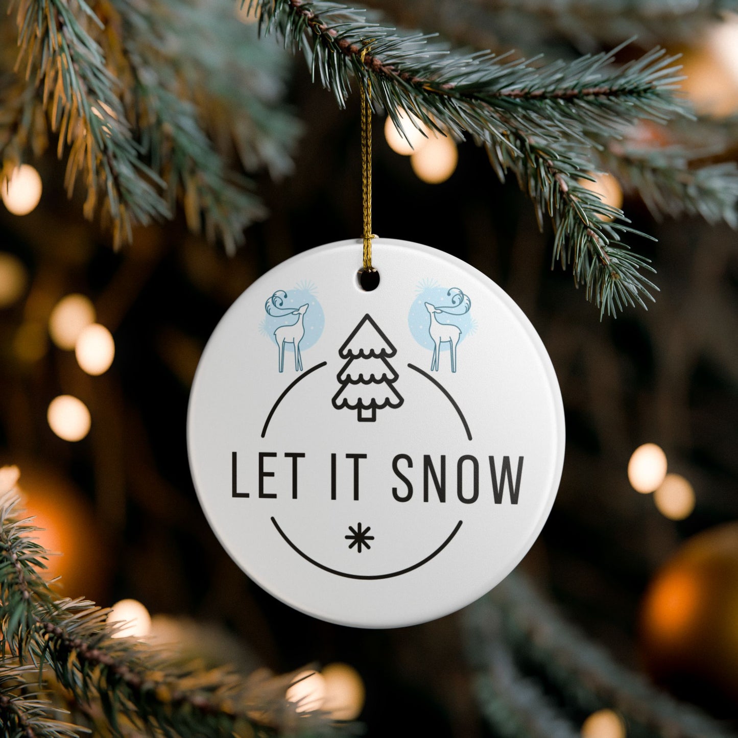 Let It Snow Ceramic Ornament — Blue Holiday Tree & Reindeer Decoration