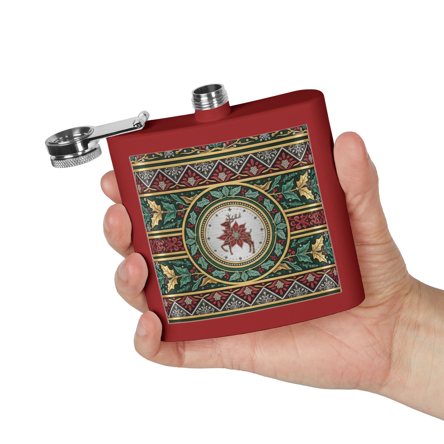 Holiday Poinsettia Flask — 6oz Stainless Steel Christmas Hip Flask (free shipping)
