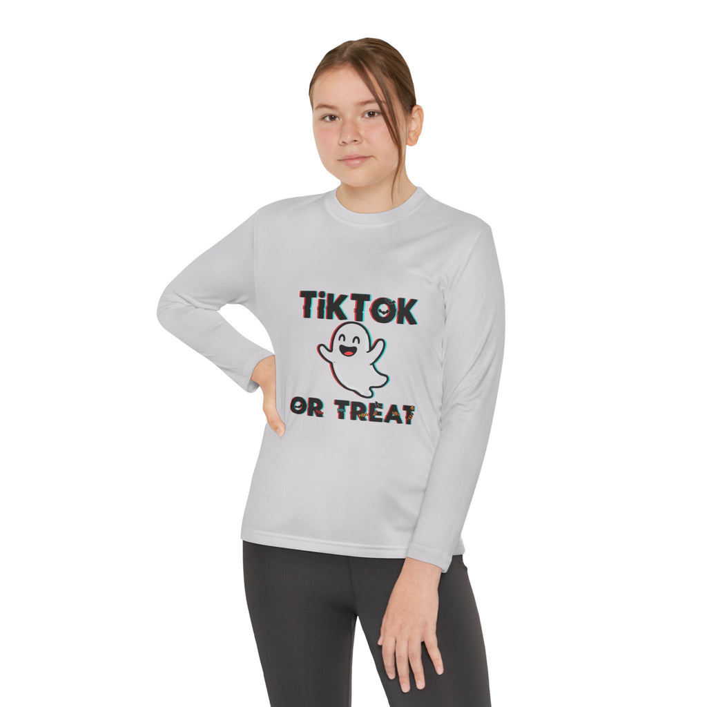 TikTok Halloween Long Sleeve Tee, Youth Costume Shirt, Spooky Apparel, Trick or Treat Top, Youth Ghost Halloween Shirt