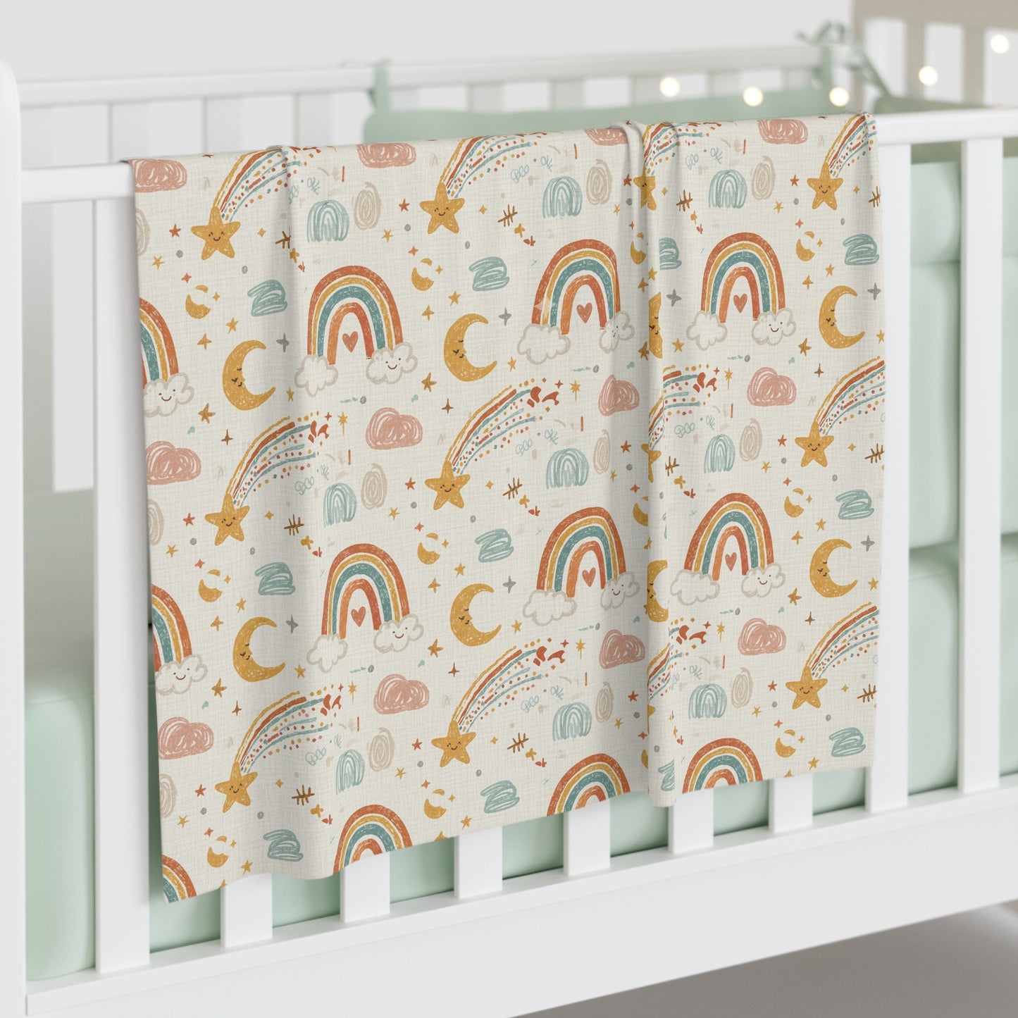 Boho Rainbow Baby Swaddle Blanket – Moon, Stars & Shooting Cloud Nursery Wrap