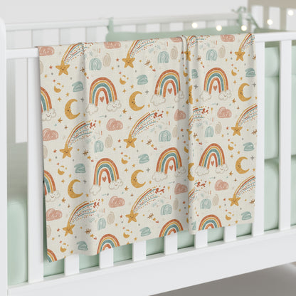 Boho Rainbow Baby Swaddle Blanket – Moon, Stars & Shooting Cloud Nursery Wrap