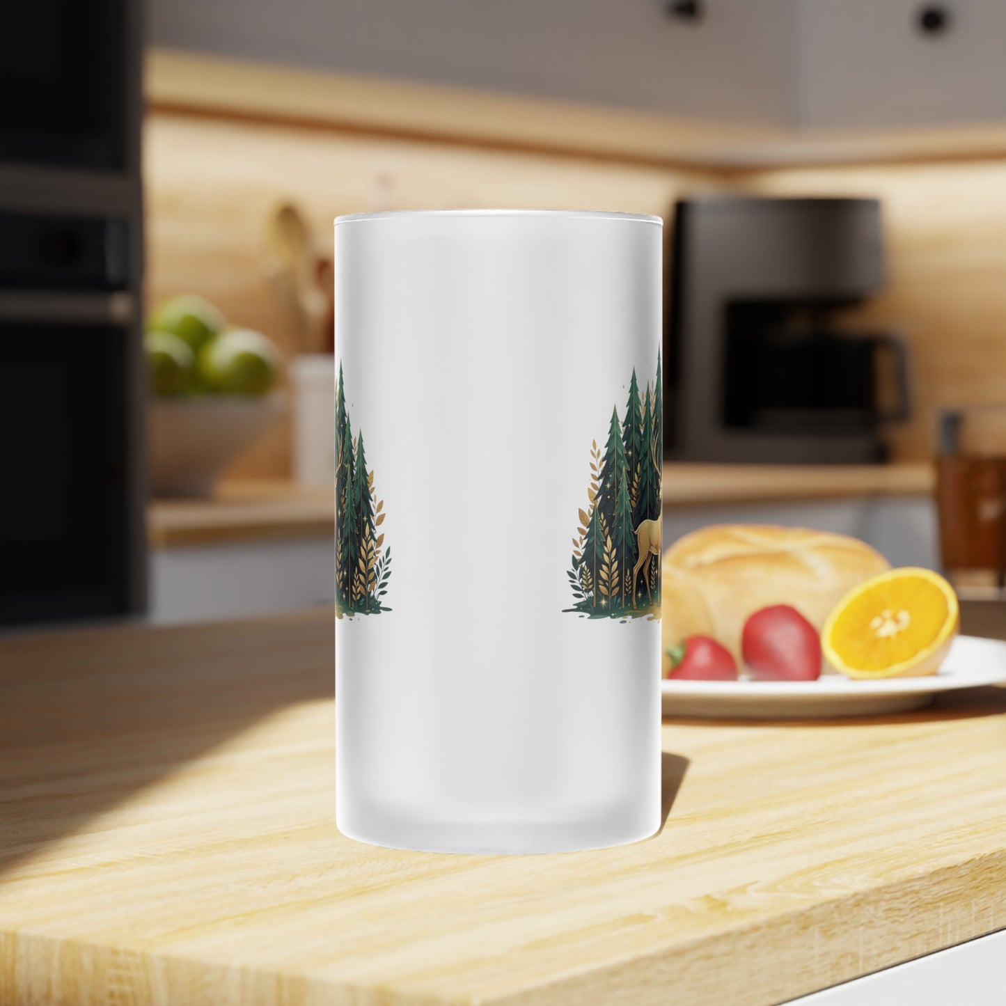 Frosted Beer Stein — Woodland Moose & Pine Forest Glass Mug