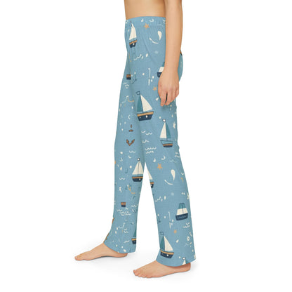 Kids Nautical Lounge Pants — Blue Sailboat Print Pajama Bottoms