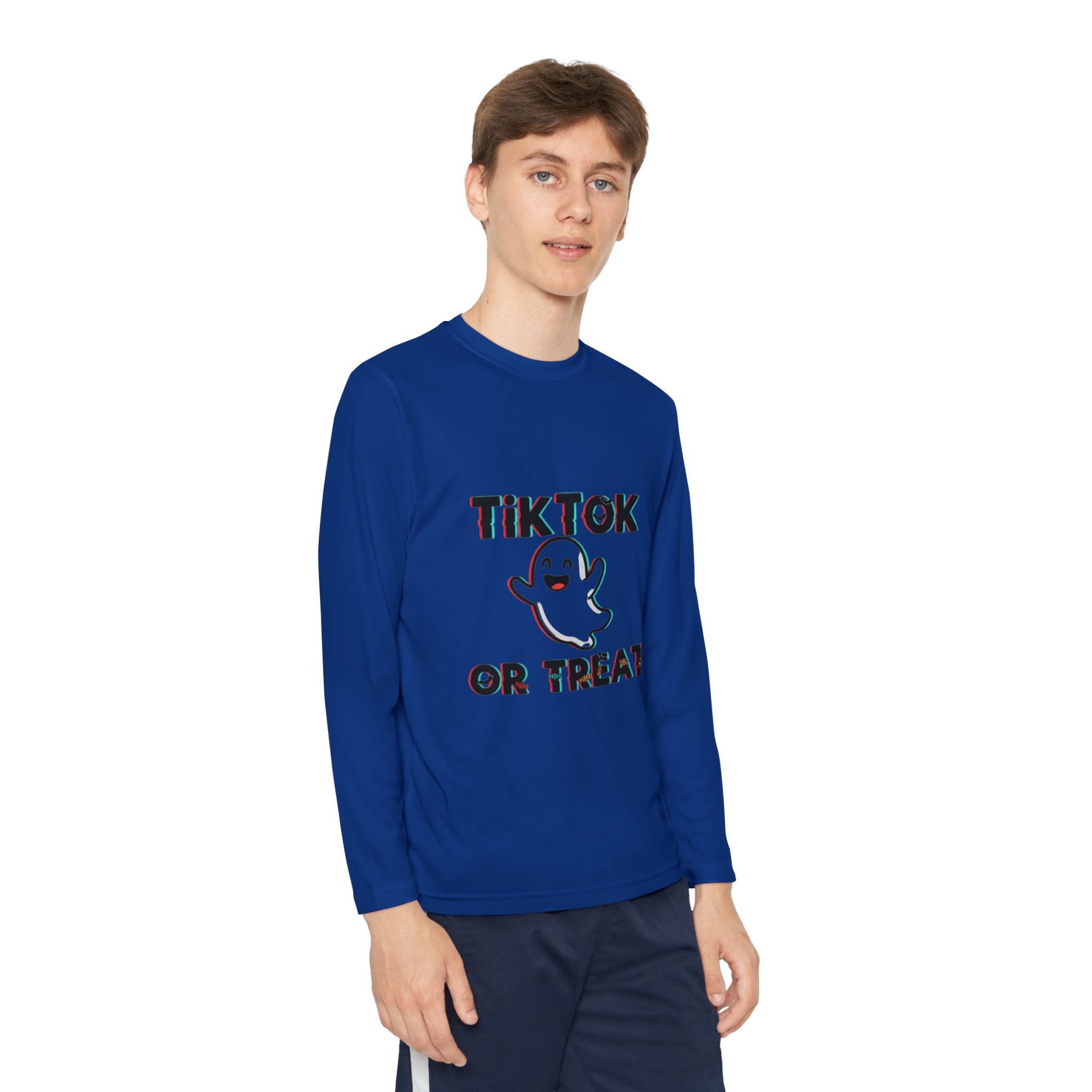 TikTok Halloween Long Sleeve Tee, Youth Costume Shirt, Spooky Apparel, Trick or Treat Top, Youth Ghost Halloween Shirt
