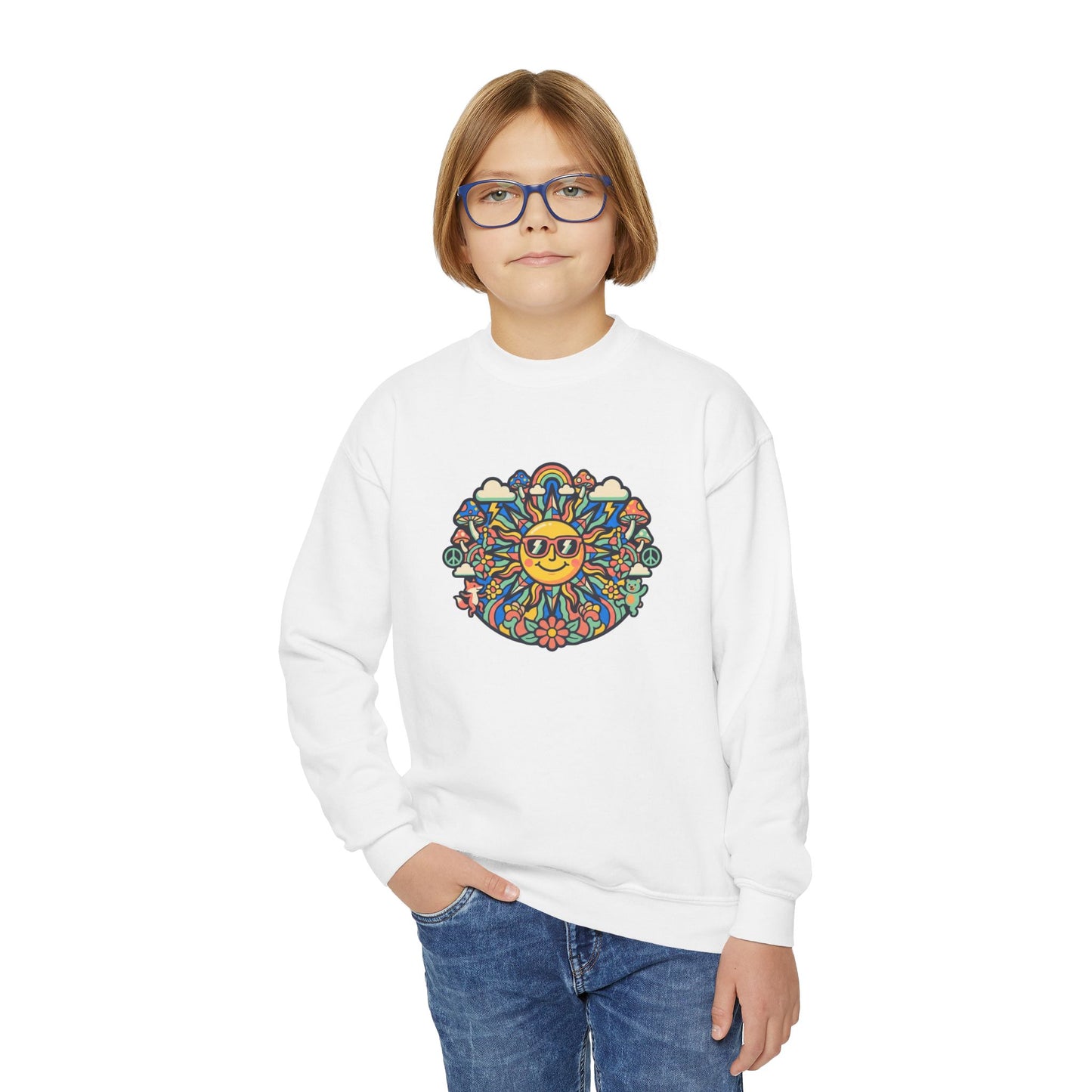 Youth Y2K Aesthetic - Crewneck Sweatshirt — Colorful Retro Sun & Floral Graphic