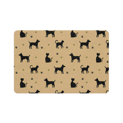Black Cat & Dog silhouette animal Pattern Pet Food Mat — Non-Slip 12x18 Feeding Placemat