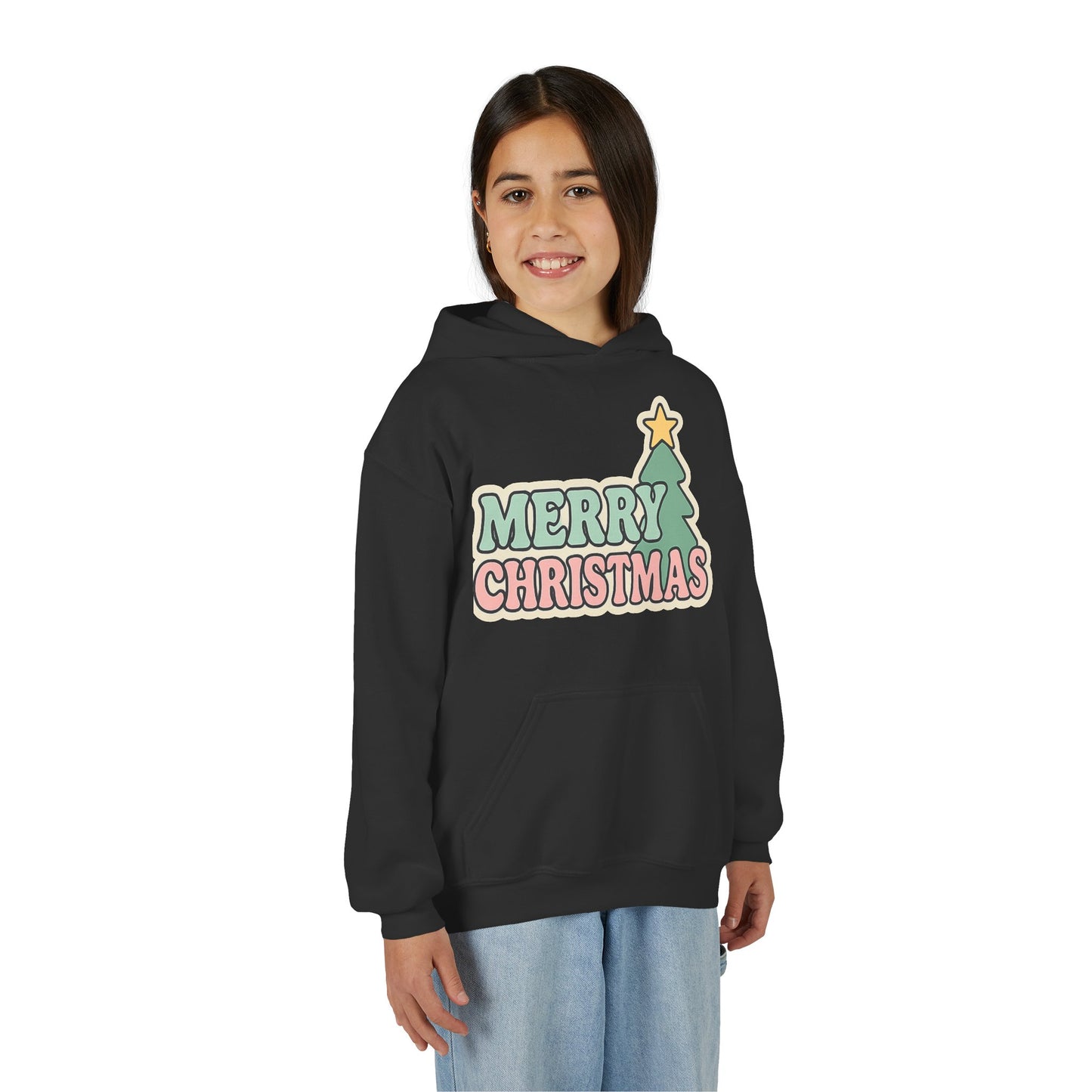 Kids youth Merry Christmas Hoodie — Pastel Tree Holiday Pullover