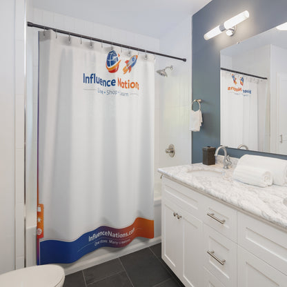 Influence Nations Logo Shower Curtain — Branded Travel & Learning Bath Decor