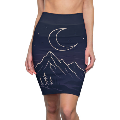 Moonlit Mountain Pencil Skirt — Night Sky Scenic AOP