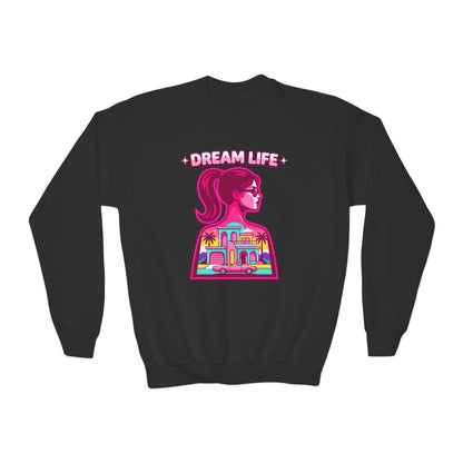 “Dream Life” girls “Barbie style” Youth Crewneck Sweatshirt — Retro Sunset Girl Graphic