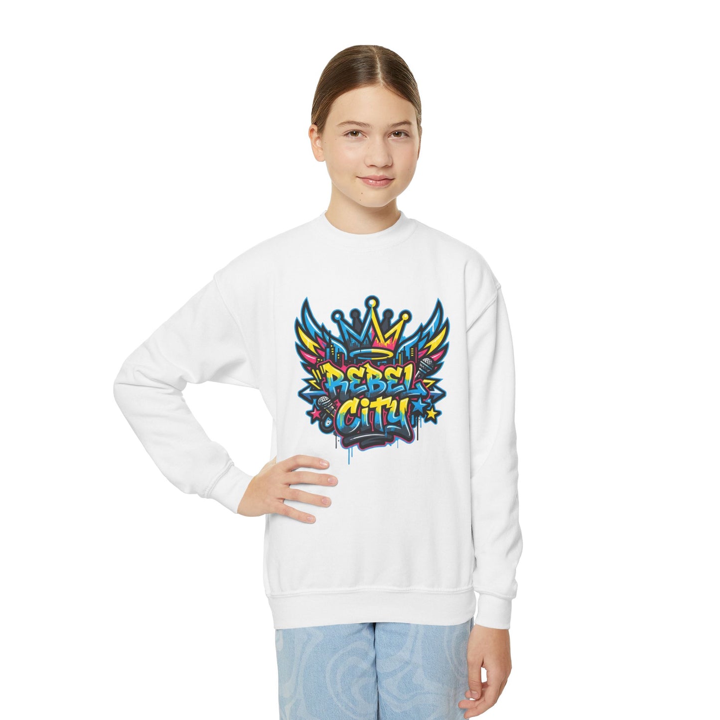 Youth Crewneck spray paint style- Sweatshirt - Colorful Rebel City Graffiti Crown Design