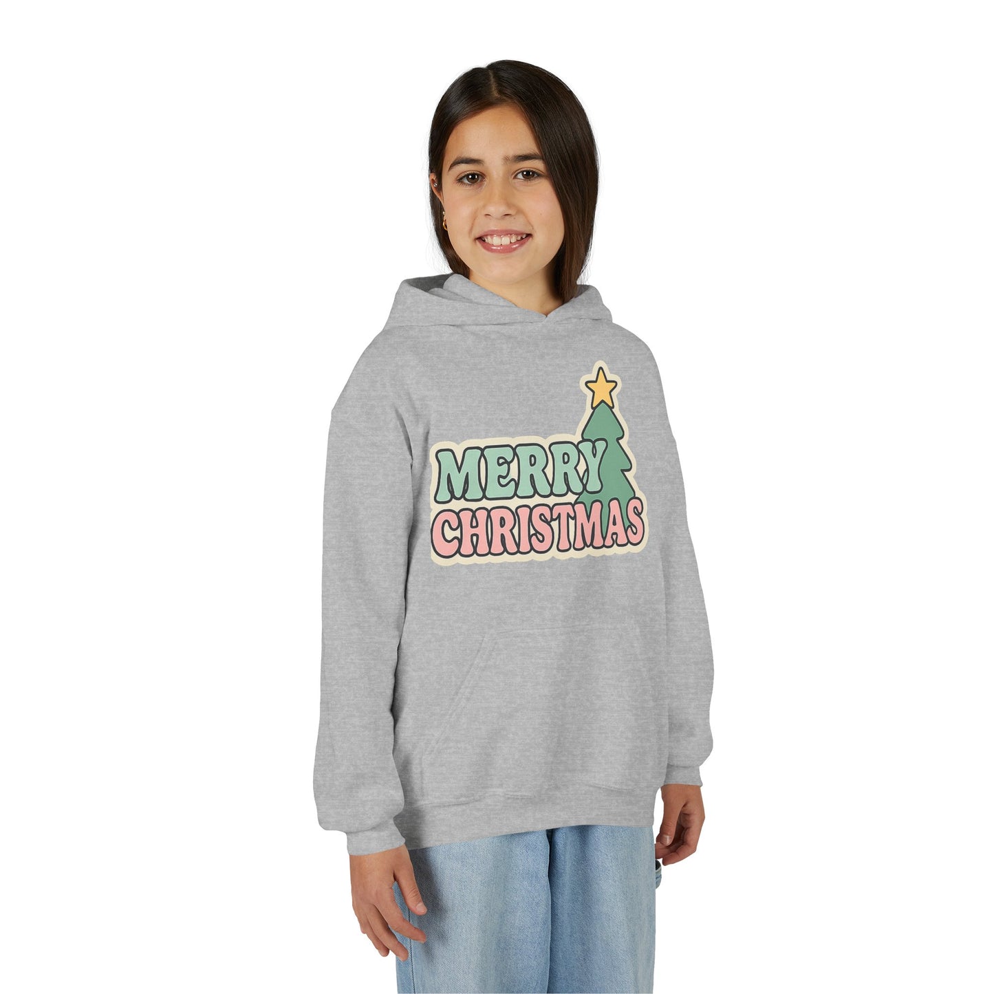 Kids youth Merry Christmas Hoodie — Pastel Tree Holiday Pullover