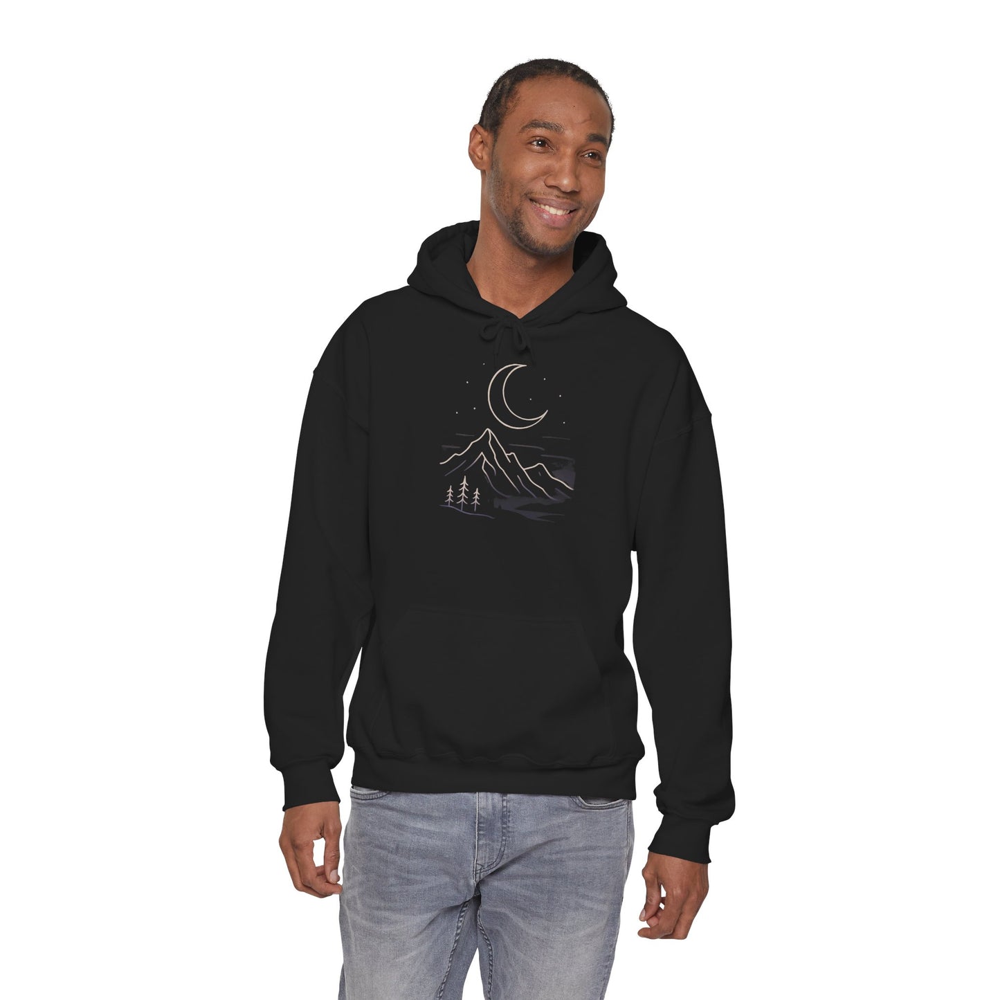 Mountain Moonline Hoodie — base camp vital gear- Minimal Crescent & Peaks Graphic Sweatshirt