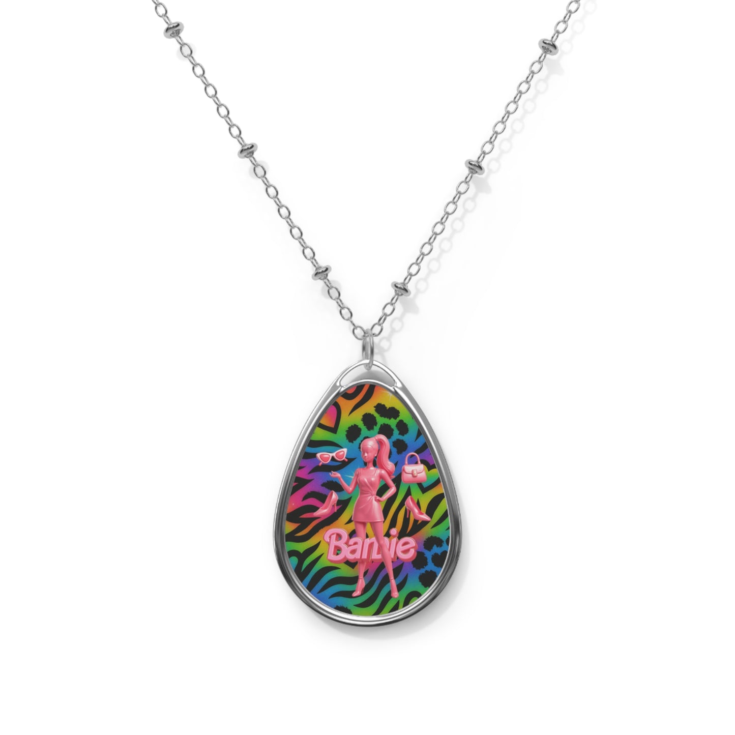 Barbie Oval Pendant Necklace — Retro Neon Animal Print Teardrop Jewelry