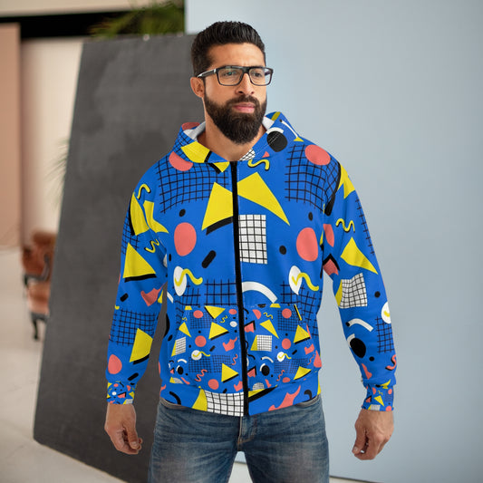 American Retro Memphis Pattern Zip Hoodie — 90s Geometric All-Over Print