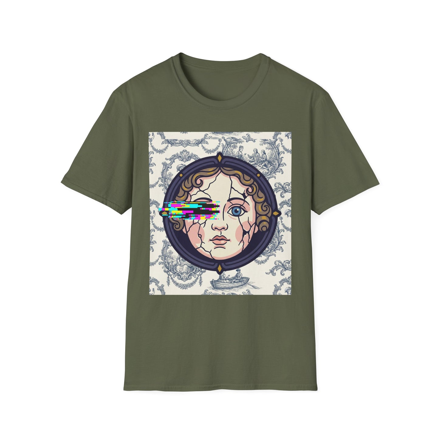Glitch retro cracked porcelain doll face- Rococo Smartphone Toile - T-Shirt — Retro Mythology Art Tee
