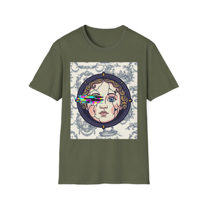 Glitch retro cracked porcelain doll face- Rococo Smartphone Toile - T-Shirt — Retro Mythology Art Tee