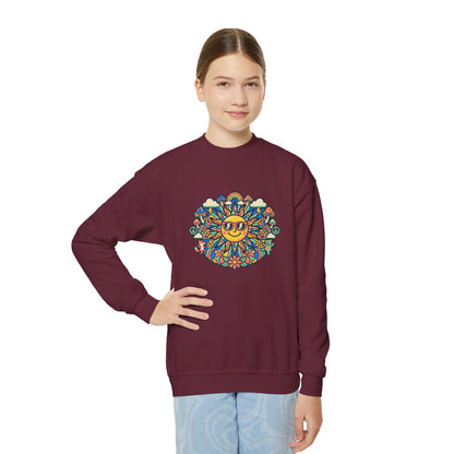 Youth Y2K Aesthetic - Crewneck Sweatshirt — Colorful Retro Sun & Floral Graphic