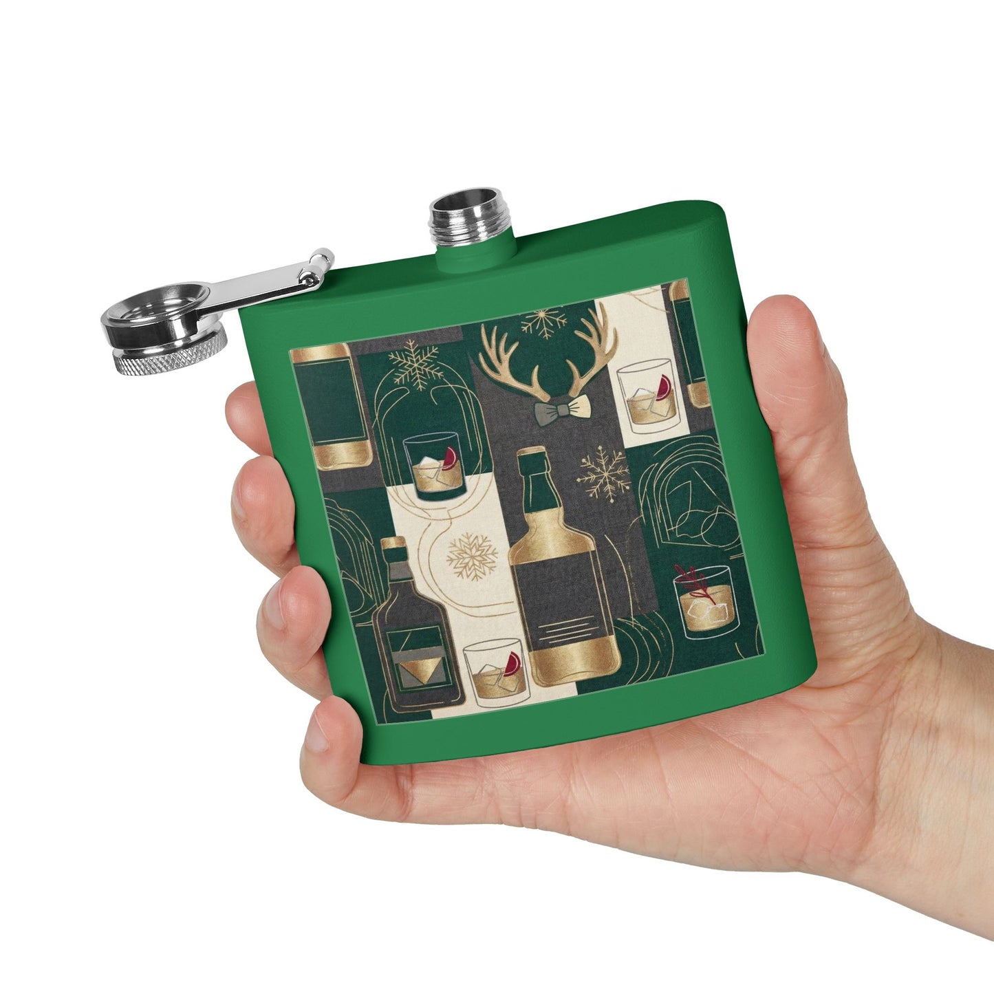 Whiskey Night Stainless Steel Flask — 6oz Holiday Spirits Design ( free shipping)