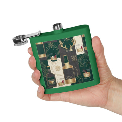 Whiskey Night Stainless Steel Flask — 6oz Holiday Spirits Design ( free shipping)