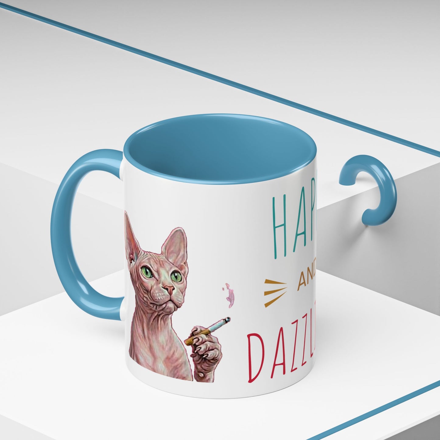 Happy and Dazzling smoking Cat Coffee Mug — Sphynx Cat Accent Mug (11/15oz) (free shipping)