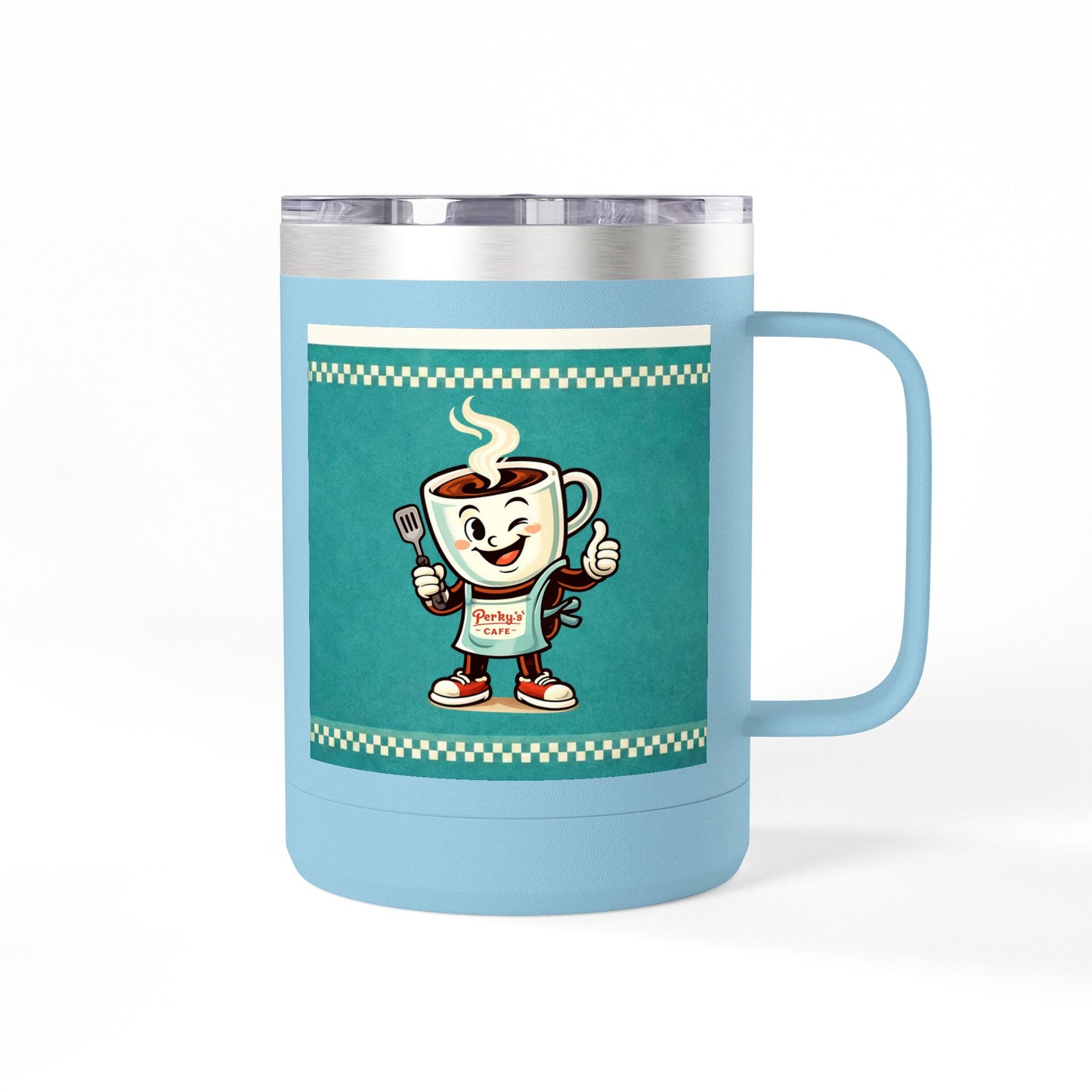 Perky’s Cafe KS Retro Teal 15oz Stainless Tumbler w/ Handle-  Mug Tumbler — Cute Smiling Coffee Cup Character, 15oz Travel Mug (free shipping)