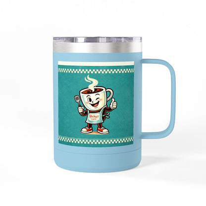 Perky’s Cafe KS Retro Teal 15oz Stainless Tumbler w/ Handle-  Mug Tumbler — Cute Smiling Coffee Cup Character, 15oz Travel Mug (free shipping)