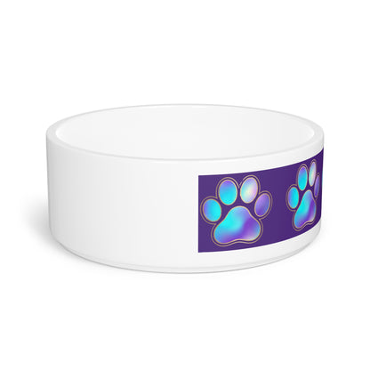 Paw Print Ceramic Pet Bowl — Iridescent Blue Purple Paw Pattern