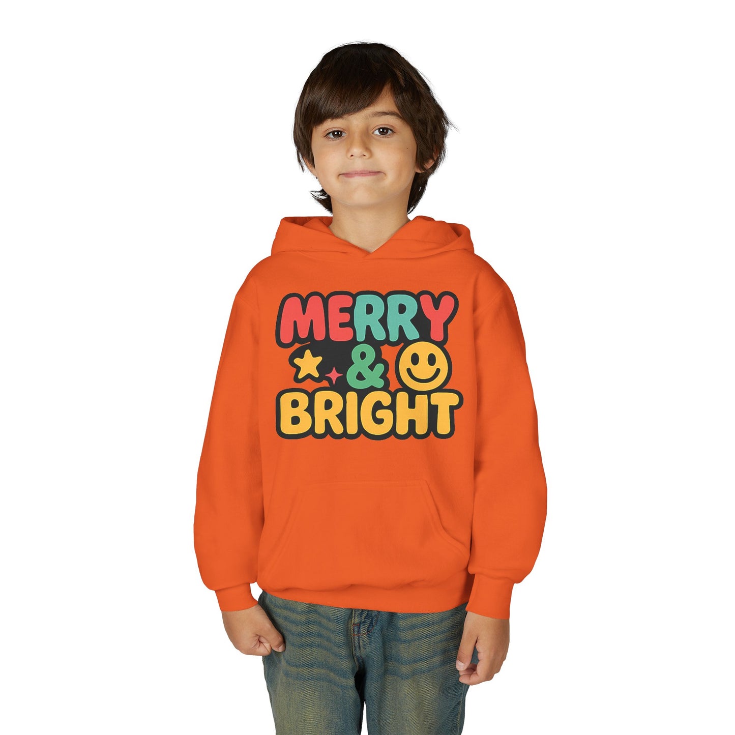 Youth Hoodie — 'Merry & Bright' Colorful Holiday Kids Sweatshirt