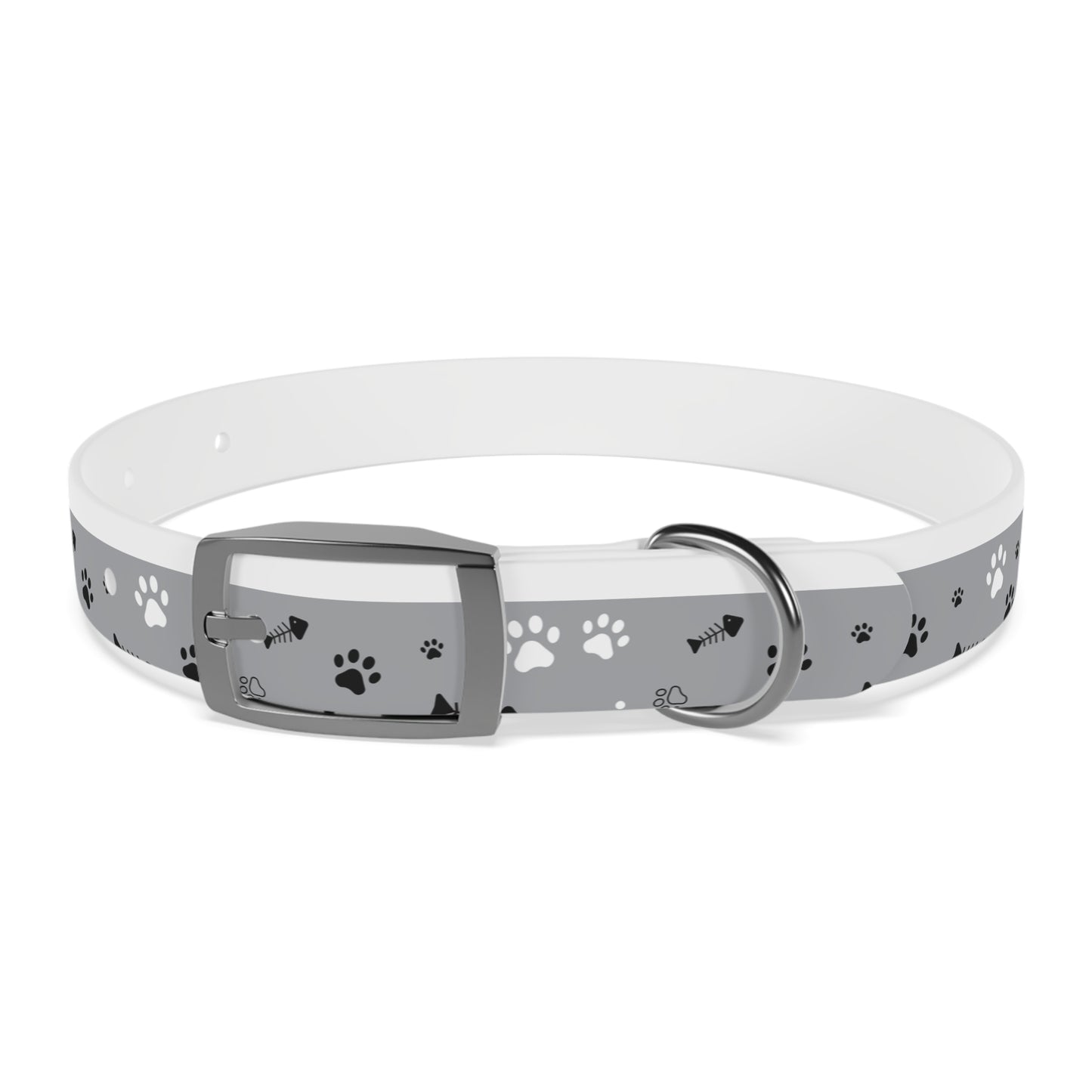 Grey Paw Print Dog Collar — Cute Bone & Paw Design, Durable Adjustable Pet Collar