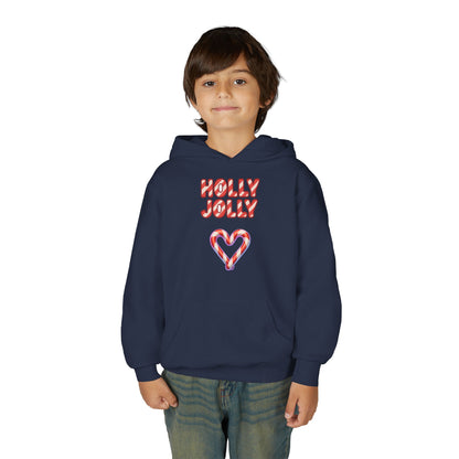 Youth Hoodie — "Holly Jolly" Candy Cane Heart Christmas Sweatshirt