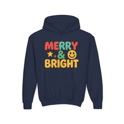 Youth Hoodie — 'Merry & Bright' Colorful Holiday Kids Sweatshirt