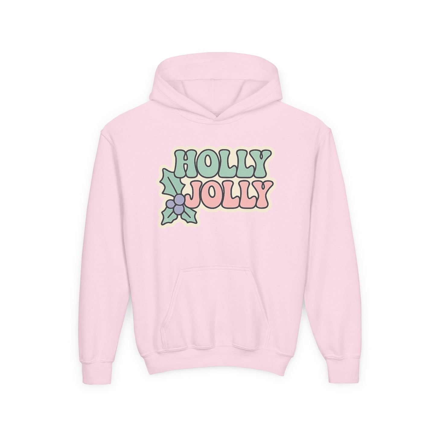 Girls Youth Hoodie — 'Holly Jolly' Pastel Christmas Holiday Sweatshirt
