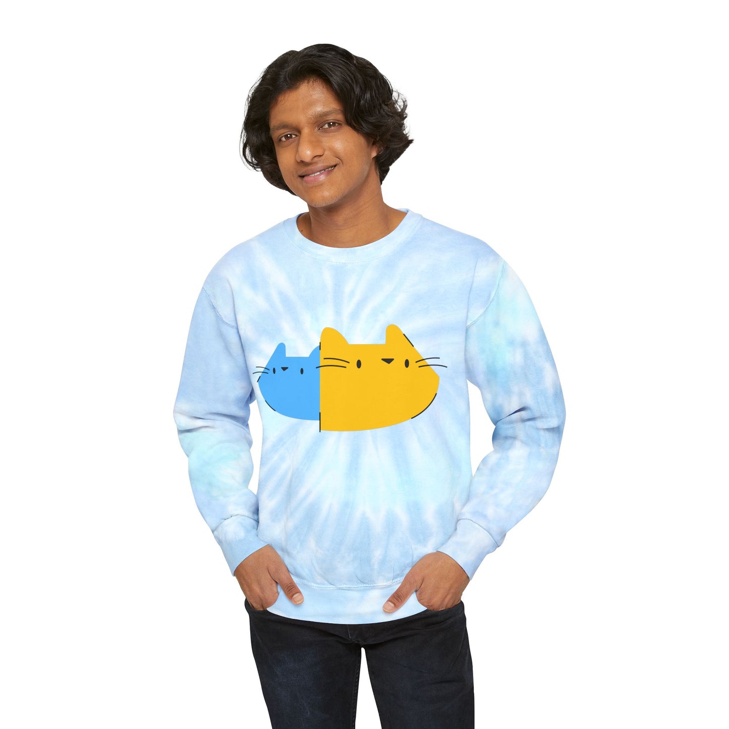 Cute Split Cat Tie-Dye Sweatshirt — Blue & Yellow Cat Graphic Crewneck
