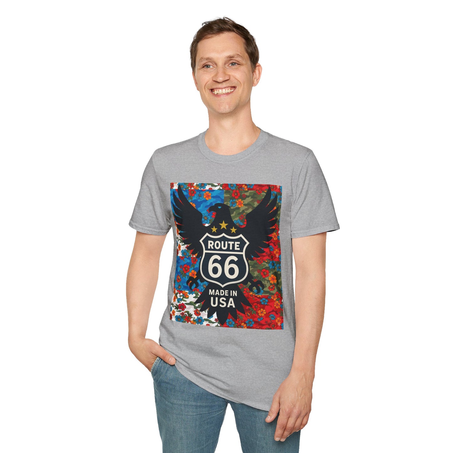 Route 66 Made in USA T-Shirt — Vintage Eagle Floral Roadtrip Tee- camo flower combo T-shirt