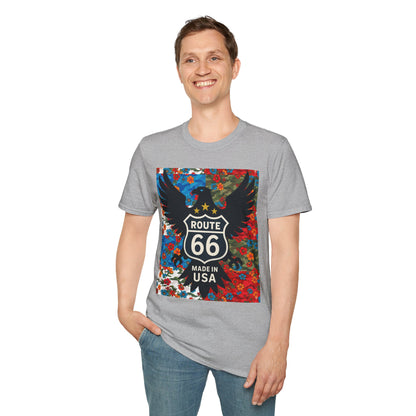 Route 66 Made in USA T-Shirt — Vintage Eagle Floral Roadtrip Tee- camo flower combo T-shirt