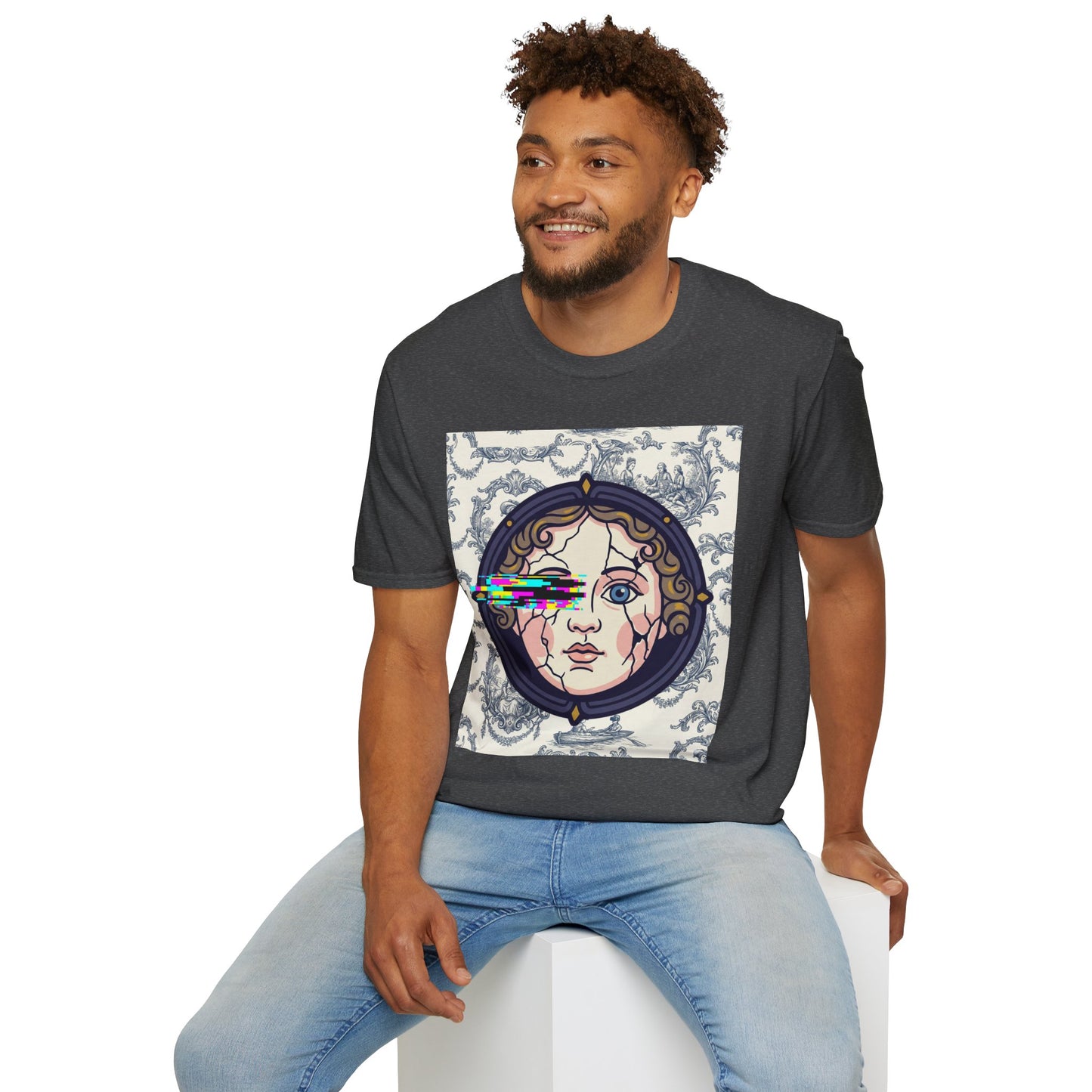 Glitch retro cracked porcelain doll face- Rococo Smartphone Toile - T-Shirt — Retro Mythology Art Tee