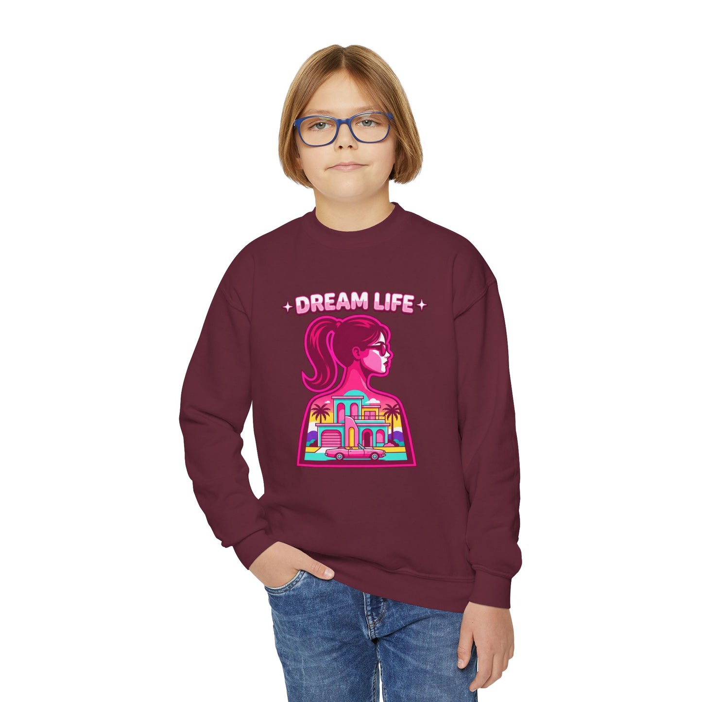 “Dream Life” girls “Barbie style” Youth Crewneck Sweatshirt — Retro Sunset Girl Graphic