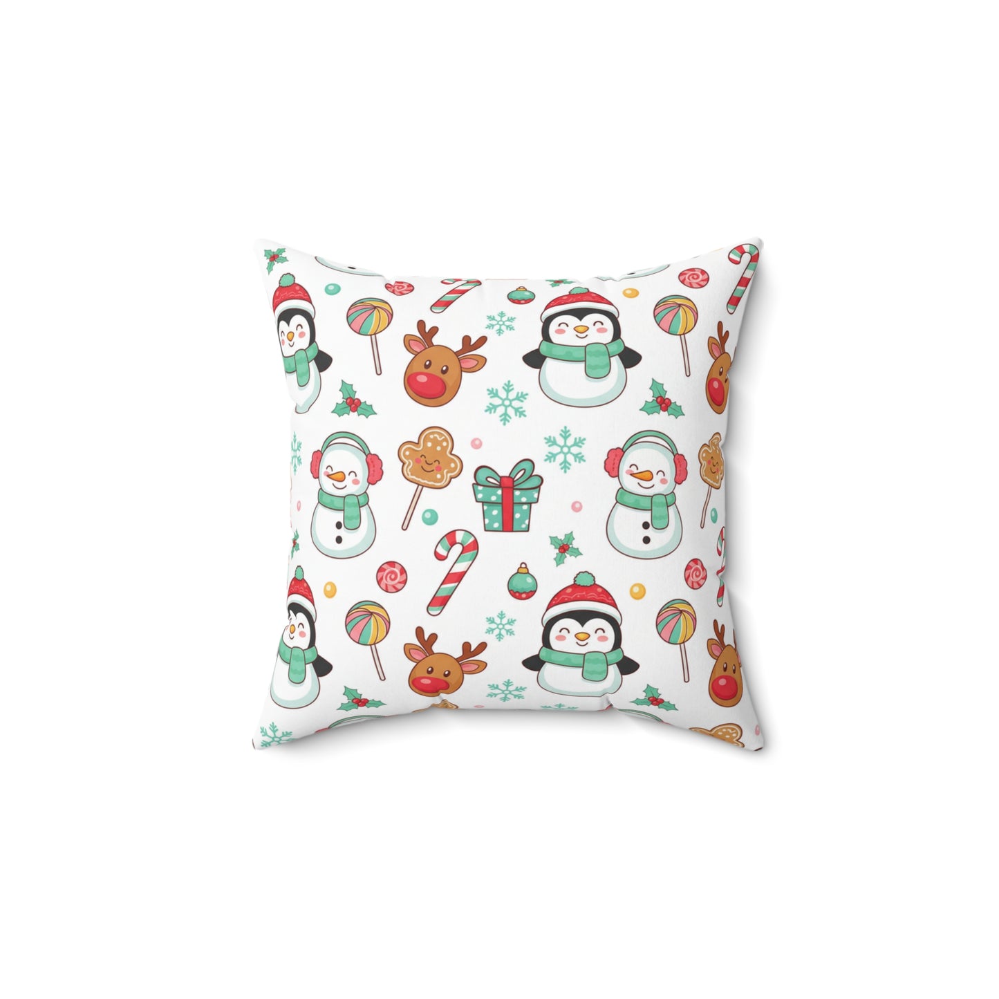 Cute Christmas Pattern Pillow — Penguins, Snowmen & Reindeer Holiday Throw Pillow (free shipping)