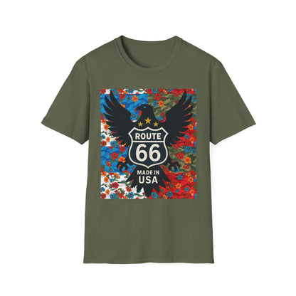 Route 66 Made in USA T-Shirt — Vintage Eagle Floral Roadtrip Tee- camo flower combo T-shirt