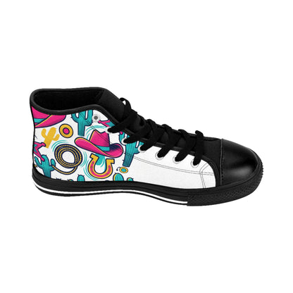 Men's High-Top Sneakers — Colorful Retro Western Pattern (Cowboy Hat, Cactus, Horseshoe) (free shipping)